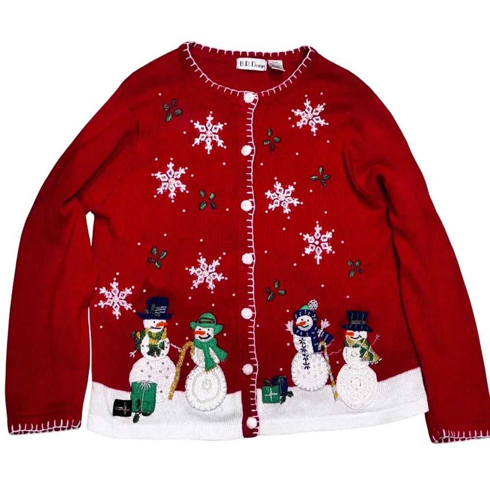 Vintage‎ B.P. Design Womens Red Snowman Snowflake Christmas Cardigan Sweater  L - Picture 10 of 12